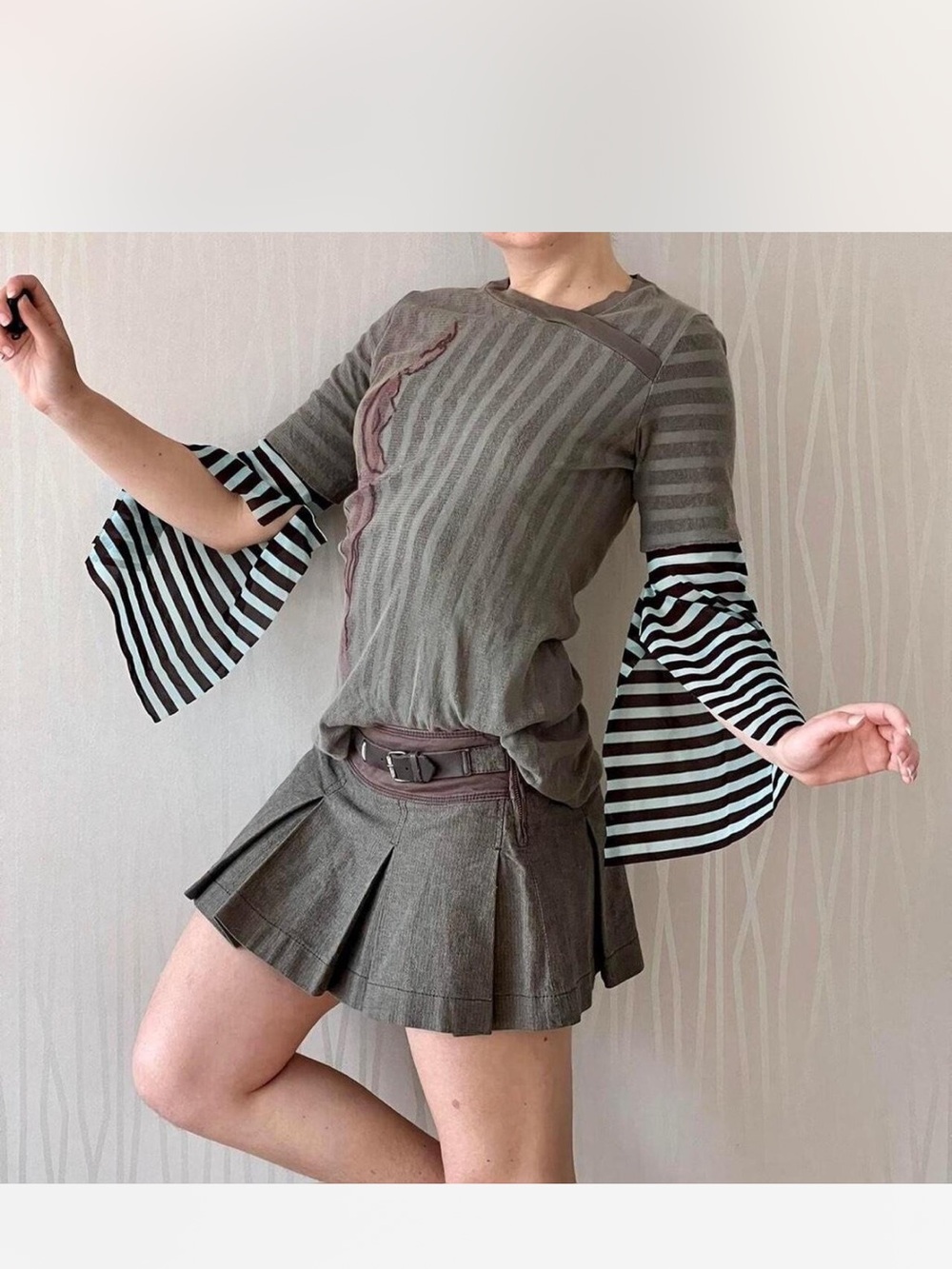 Cop.Copine Olive Striped Bell-Sleeve Mini Top